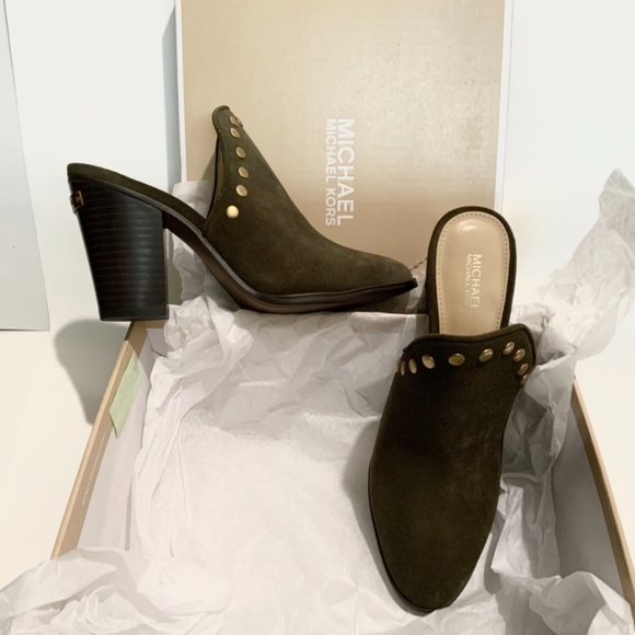Michael Kors Louise Suede Mules Olive Studded Stacked Block Heel Slip On Clog - Picture 5 of 15